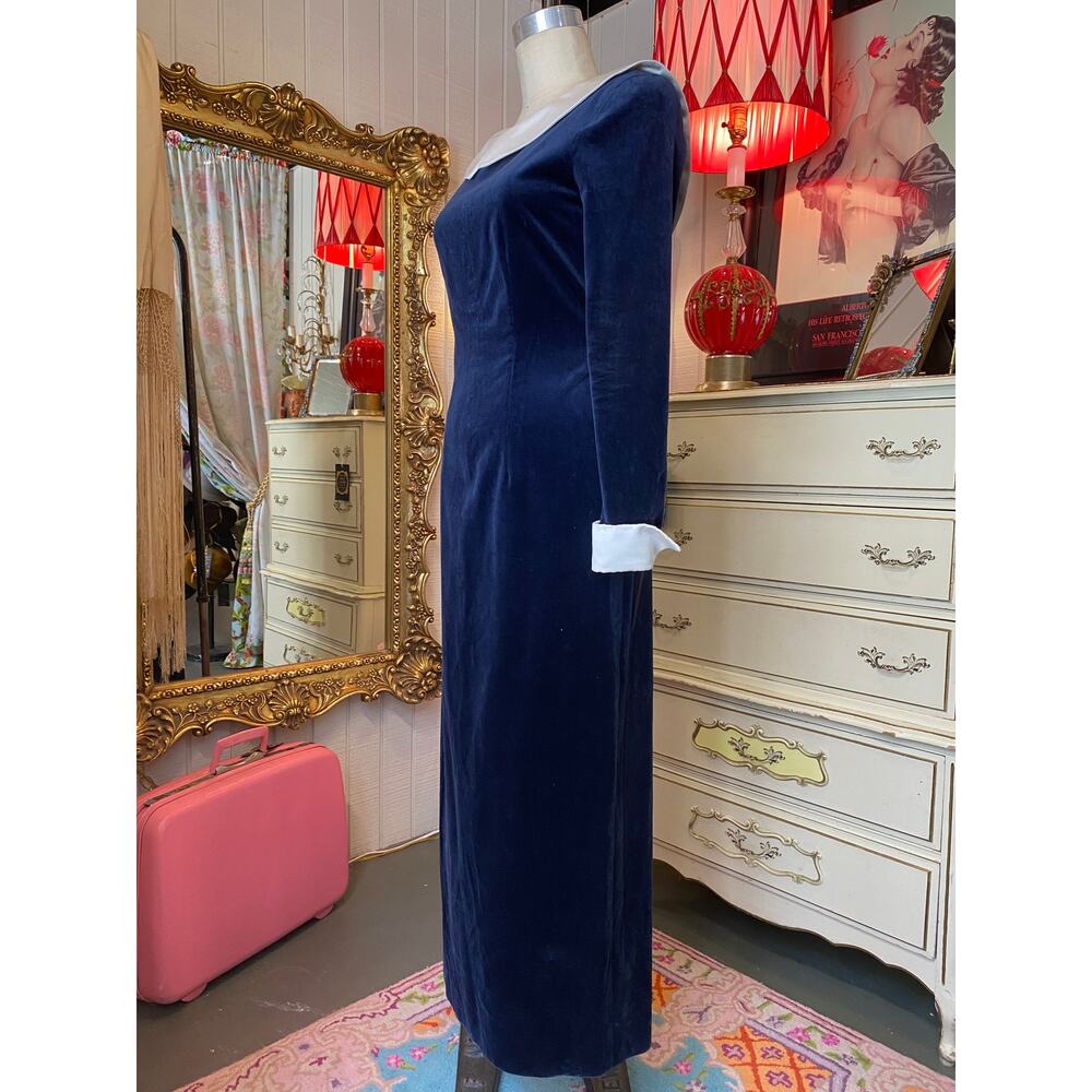 vintage 1980s blue velveteen gown reverse collar french cuffs 80s fashion velvet - Picture 8 of 10